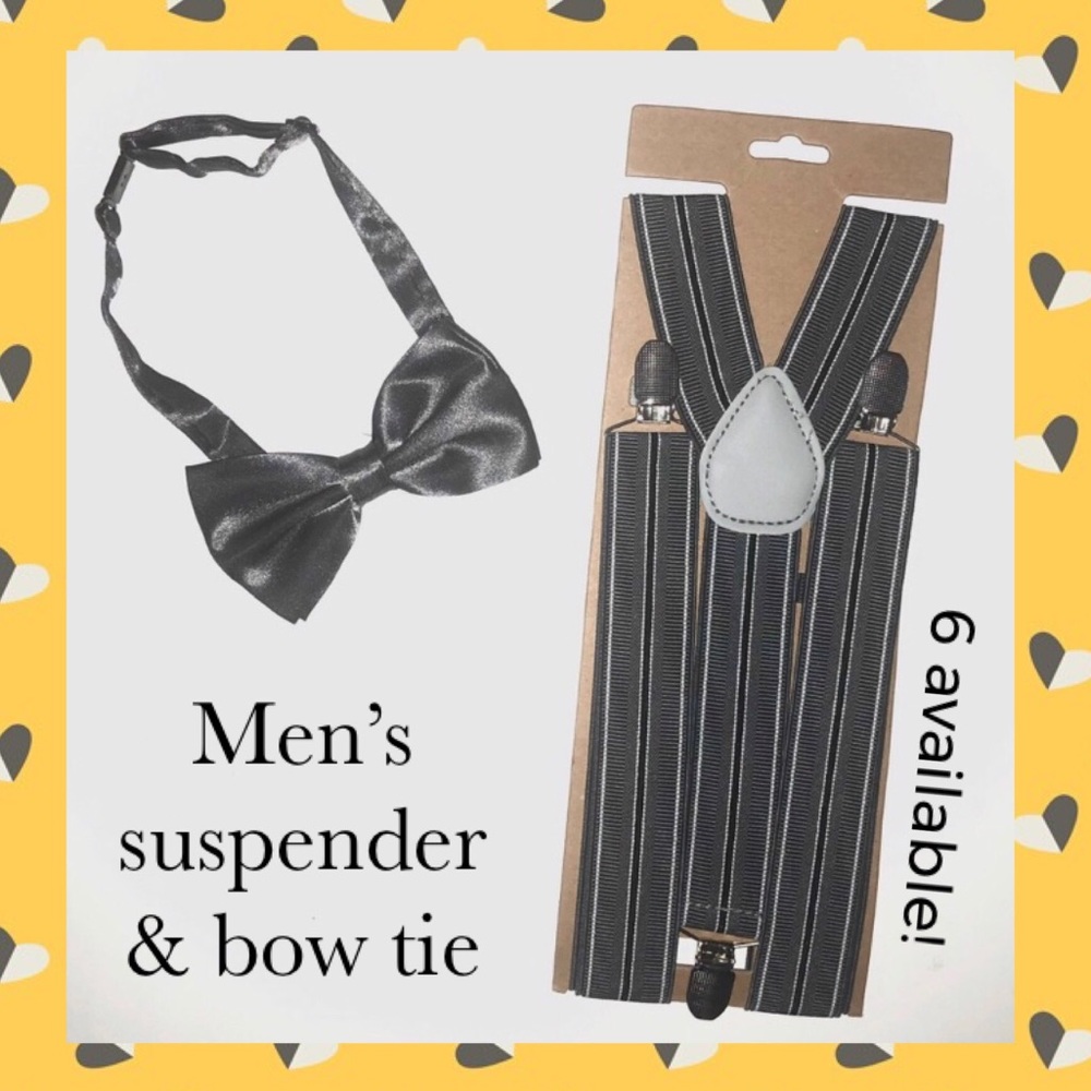 NWT GREY MEN’S SUSPENDERS AND BOW TIE, 6 AVAILABLE